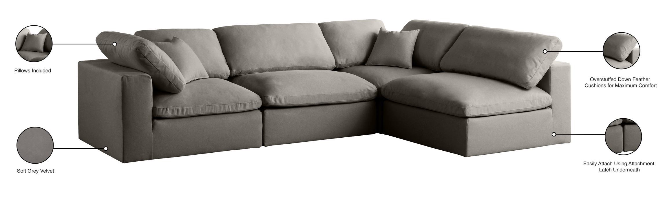 Meridian Furniture - Plush 105" Grey Velvet Upholstered Standard Comfort 4pc. Sectional - 602Grey-Sec4B - GreatFurnitureDeal