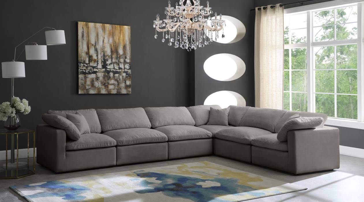 Meridian Furniture - Plush 140" Grey Velvet Upholstered Standard Comfort 6pc. Sectional - 602Grey-Sec6A - GreatFurnitureDeal