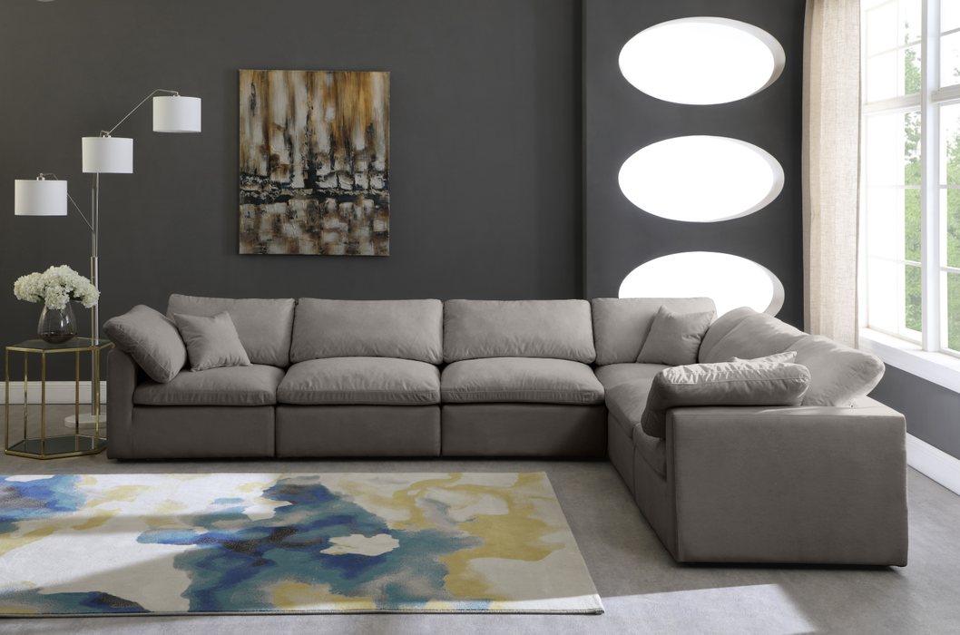 Meridian Furniture - Plush 140" Grey Velvet Upholstered Standard Comfort 6pc. Sectional - 602Grey-Sec6A - GreatFurnitureDeal