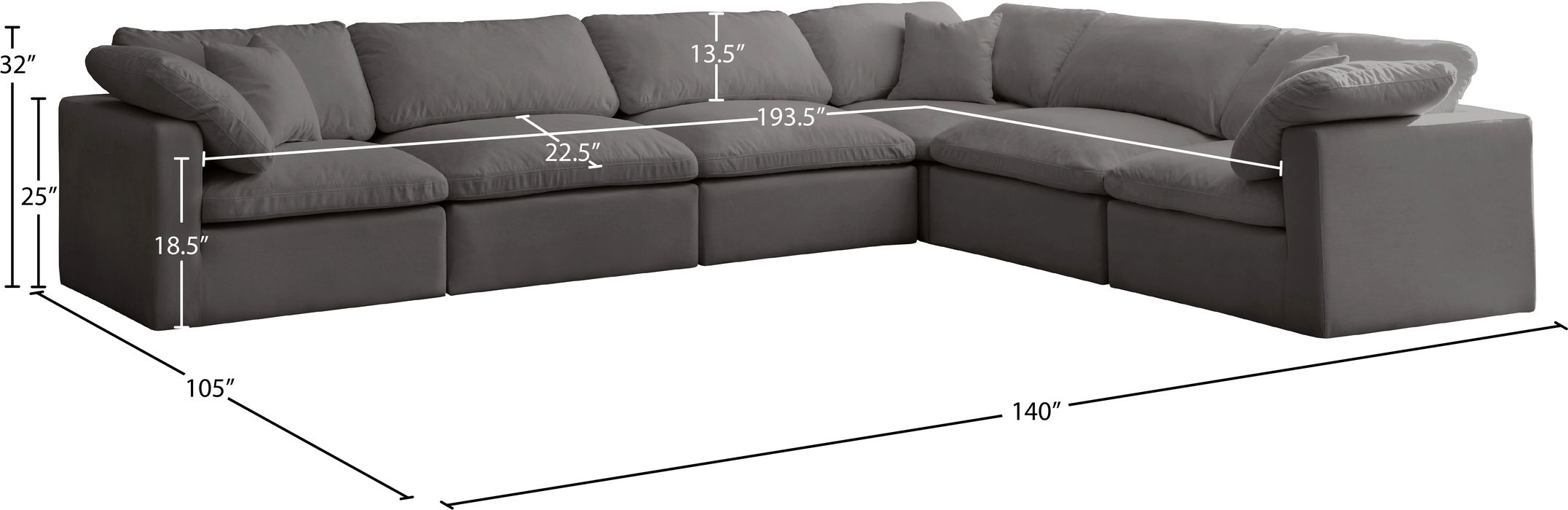 Meridian Furniture - Plush 140" Grey Velvet Upholstered Standard Comfort 6pc. Sectional - 602Grey-Sec6A - GreatFurnitureDeal