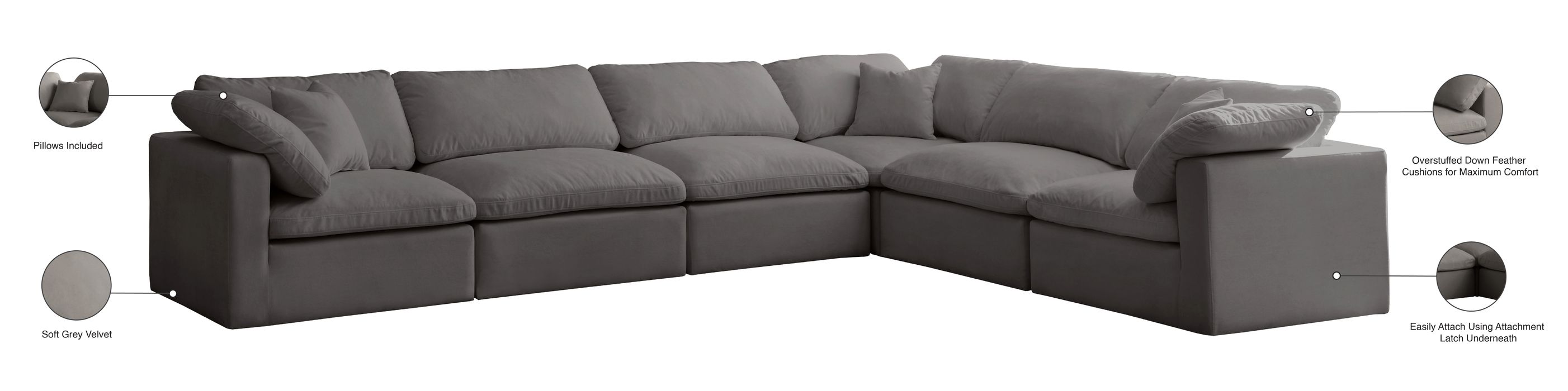 Meridian Furniture - Plush 140" Grey Velvet Upholstered Standard Comfort 6pc. Sectional - 602Grey-Sec6A - GreatFurnitureDeal