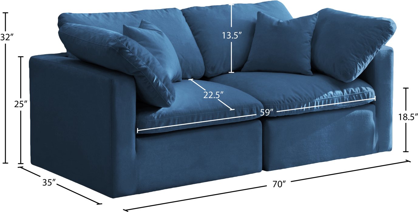 Meridian Furniture - Plush 70" Navy Velvet Upholstered Standard Comfort 2pc. Loveseat - 602Navy-S70 - GreatFurnitureDeal