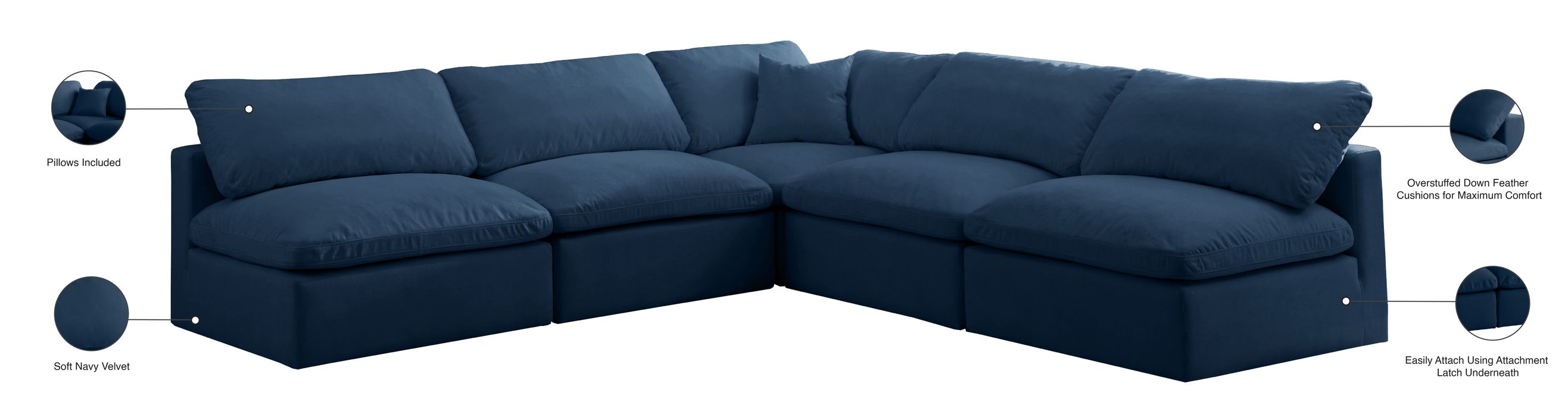 Meridian Furniture - Plush 105" Navy Velvet Upholstered Standard Comfort 5pc. Sectional - 602Navy-Sec5B - GreatFurnitureDeal