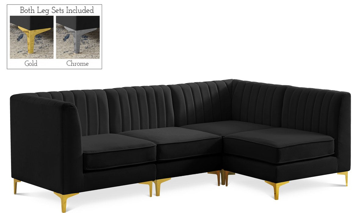 Meridian Furniture - Alina 91" Black Velvet Upholstered 4pc. Sectional - 604Black-Sec4A - GreatFurnitureDeal