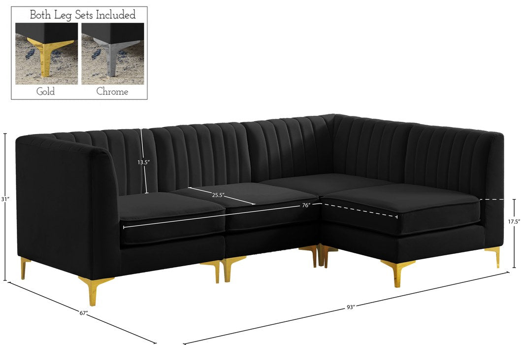 Meridian Furniture - Alina 91" Black Velvet Upholstered 4pc. Sectional - 604Black-Sec4A - GreatFurnitureDeal