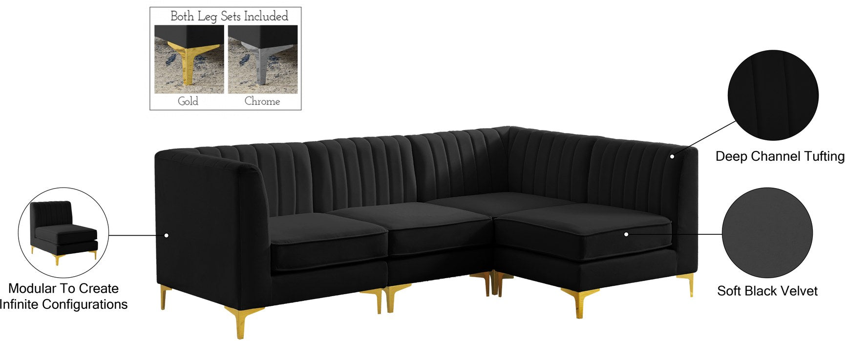 Meridian Furniture - Alina 91" Black Velvet Upholstered 4pc. Sectional - 604Black-Sec4A - GreatFurnitureDeal