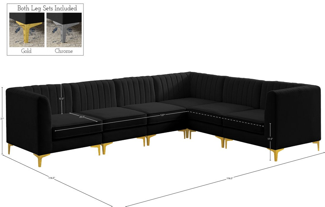 Meridian Furniture - Alina 116.5" Black Velvet Upholstered 6pc. Sectional - 604Black-Sec6A - GreatFurnitureDeal