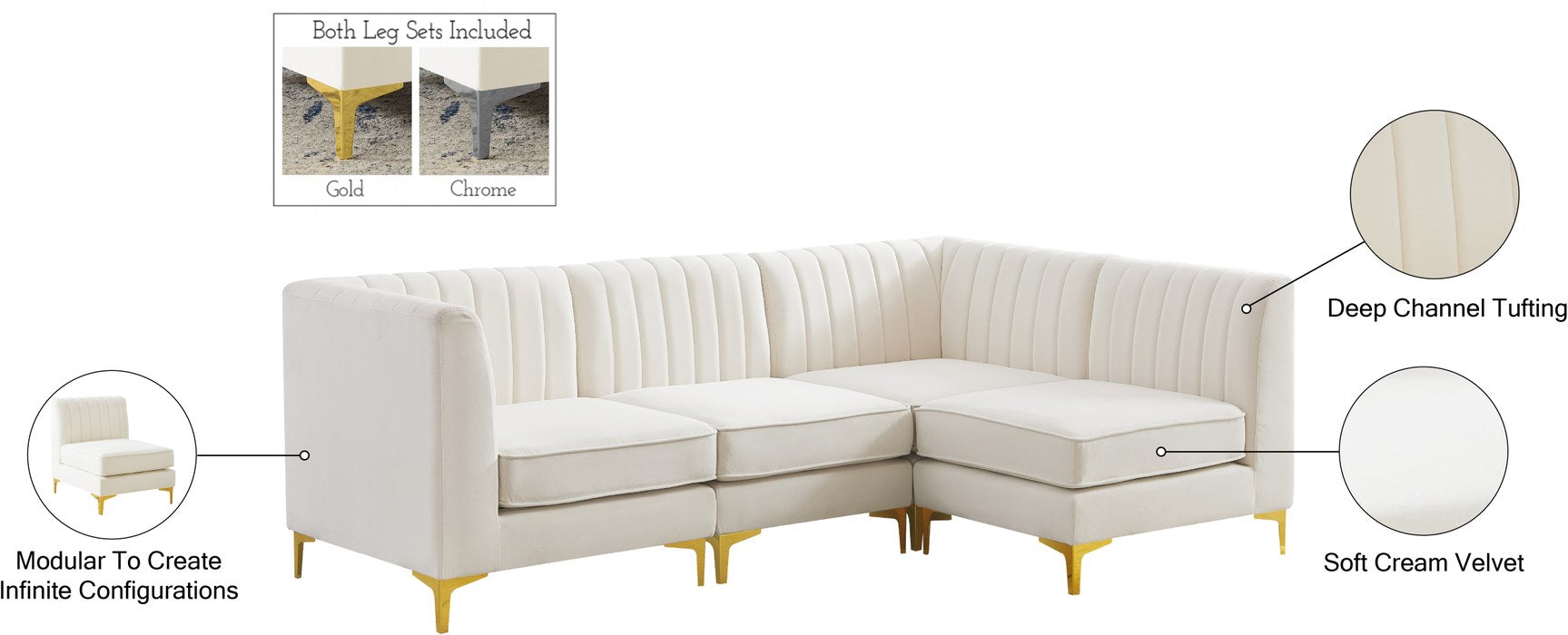 Meridian Furniture - Alina 91" Cream Velvet Upholstered 4pc. Sectional - 604Cream-Sec4A - GreatFurnitureDeal