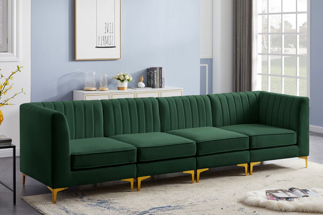Meridian Furniture - Alina 116.5" Green Velvet Upholstered 4pc. Sofa - 604Green-S119 - GreatFurnitureDeal