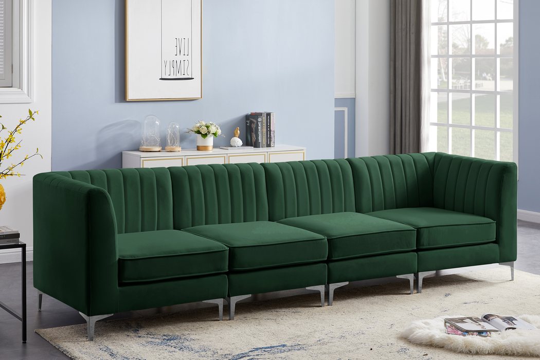 Meridian Furniture - Alina 116.5" Green Velvet Upholstered 4pc. Sofa - 604Green-S119 - GreatFurnitureDeal
