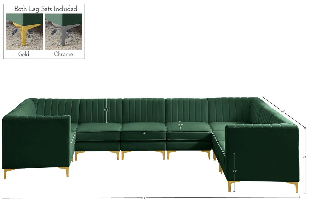 Meridian Furniture - Alina 142" Green Velvet Upholstered 8pc. Sectional - 604Green-Sec8C - GreatFurnitureDeal