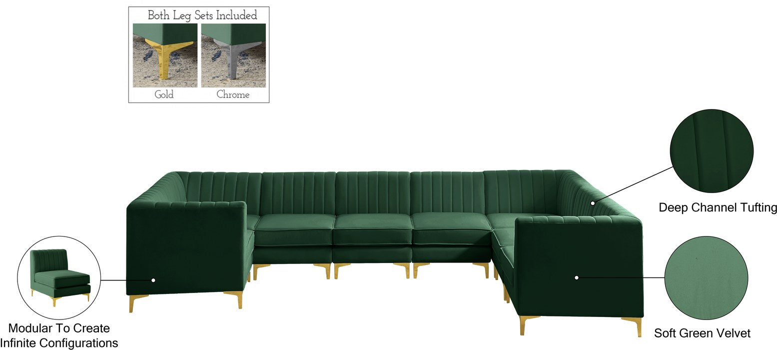 Meridian Furniture - Alina 142" Green Velvet Upholstered 8pc. Sectional - 604Green-Sec8C - GreatFurnitureDeal