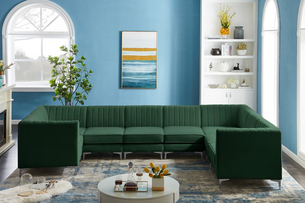 Meridian Furniture - Alina 142" Green Velvet Upholstered 8pc. Sectional - 604Green-Sec8C - GreatFurnitureDeal