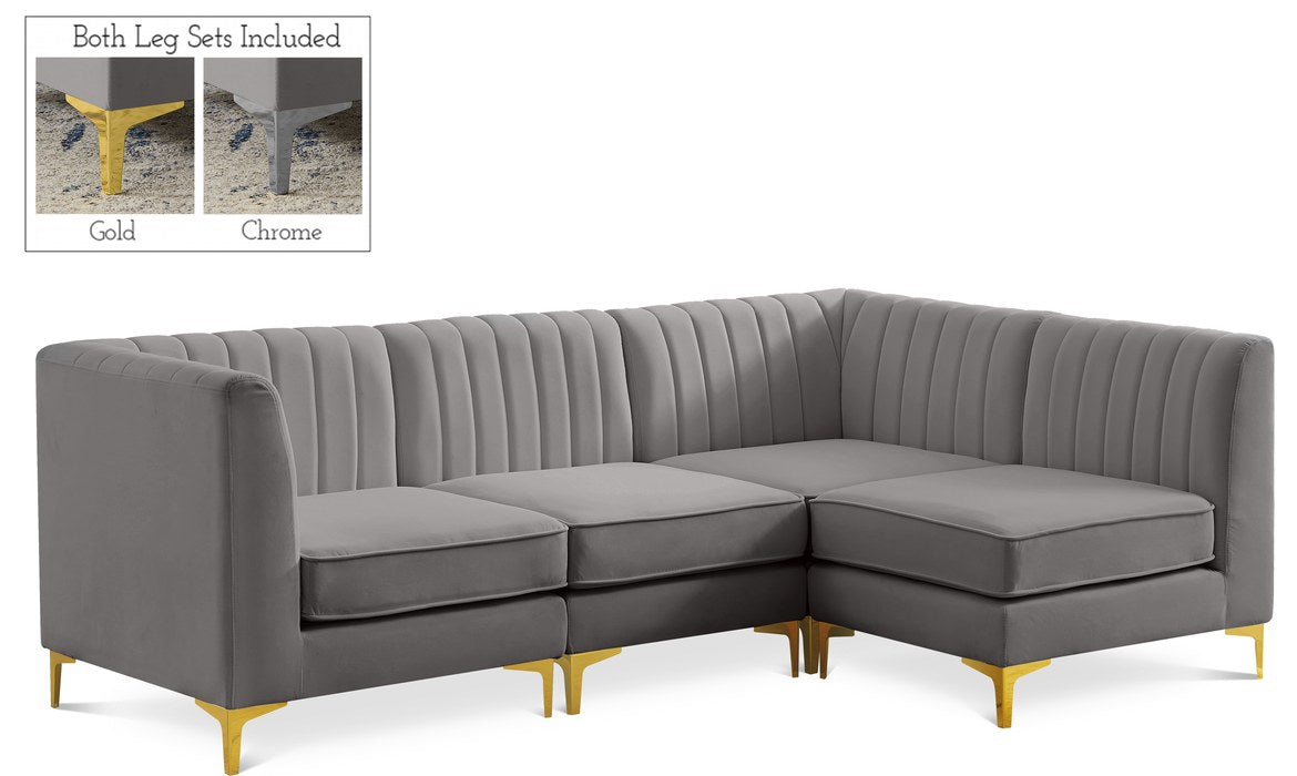 Meridian Furniture - Alina 91" Grey Velvet Upholstered 4pc. Sectional - 604Grey-Sec4A - GreatFurnitureDeal