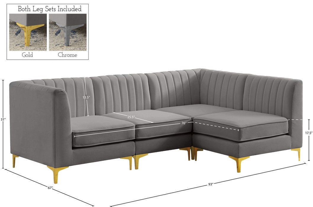 Meridian Furniture - Alina 91" Grey Velvet Upholstered 4pc. Sectional - 604Grey-Sec4A - GreatFurnitureDeal