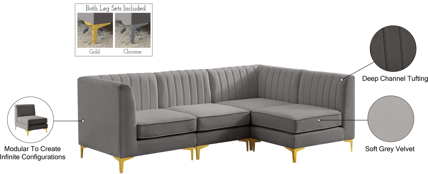 Meridian Furniture - Alina 91" Grey Velvet Upholstered 4pc. Sectional - 604Grey-Sec4A - GreatFurnitureDeal