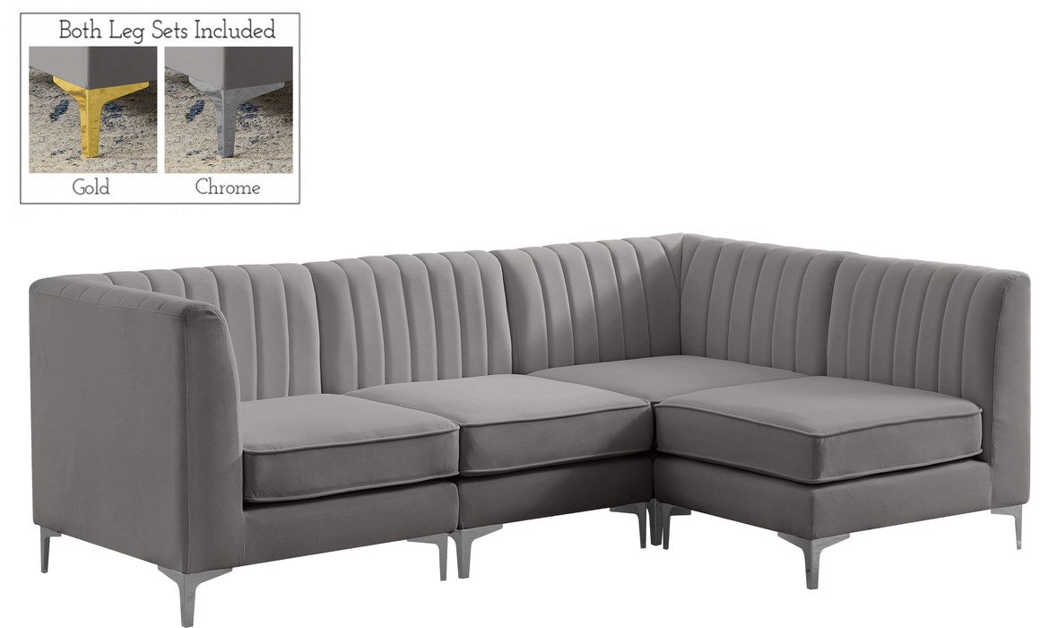 Meridian Furniture - Alina 91" Grey Velvet Upholstered 4pc. Sectional - 604Grey-Sec4A - GreatFurnitureDeal