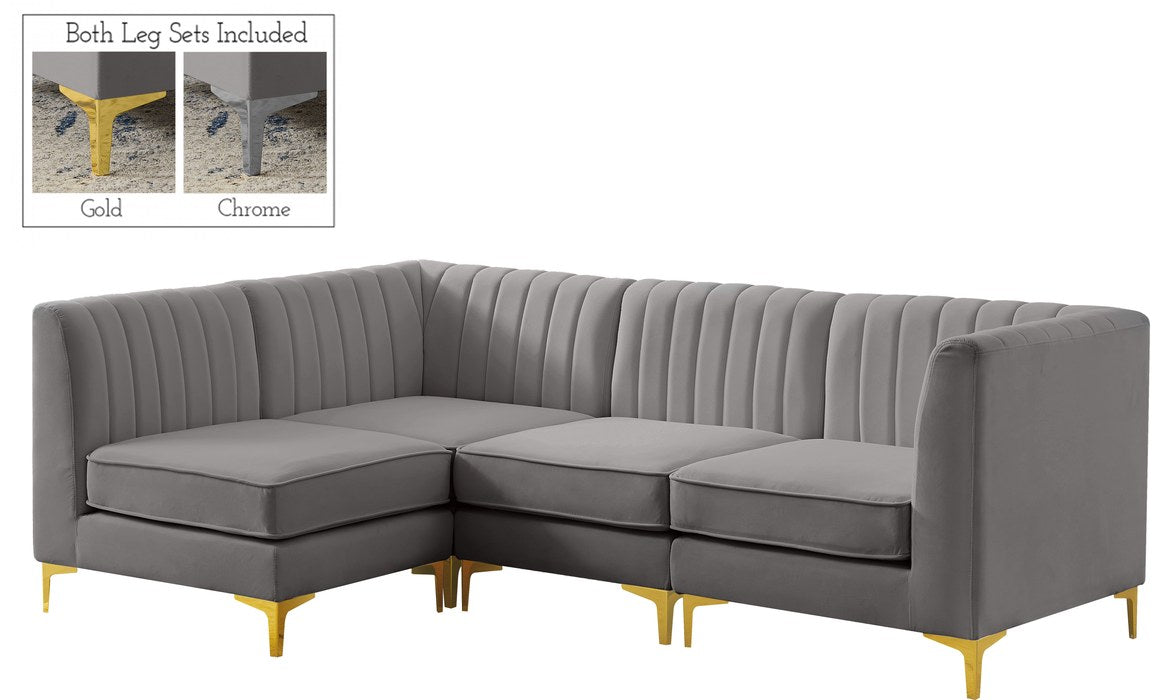 Meridian Furniture - Alina 91" Grey Velvet Upholstered 4pc. Sectional - 604Grey-Sec4A - GreatFurnitureDeal