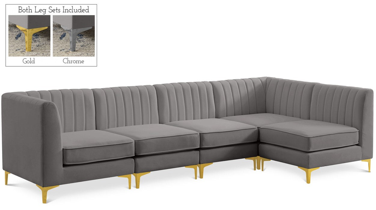 Meridian Furniture - Alina 116.5" Grey Velvet Upholstered 5pc. Sectional - 604Grey-Sec5B - GreatFurnitureDeal