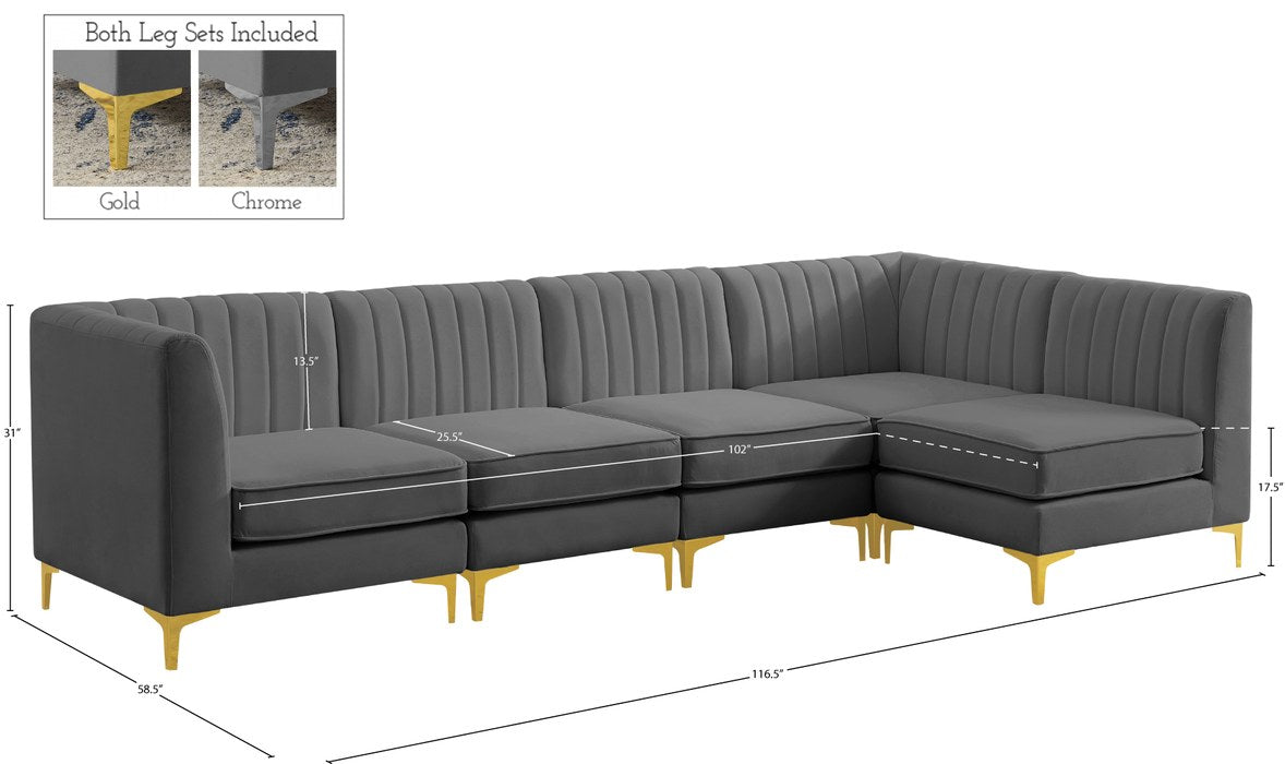 Meridian Furniture - Alina 116.5" Grey Velvet Upholstered 5pc. Sectional - 604Grey-Sec5B - GreatFurnitureDeal