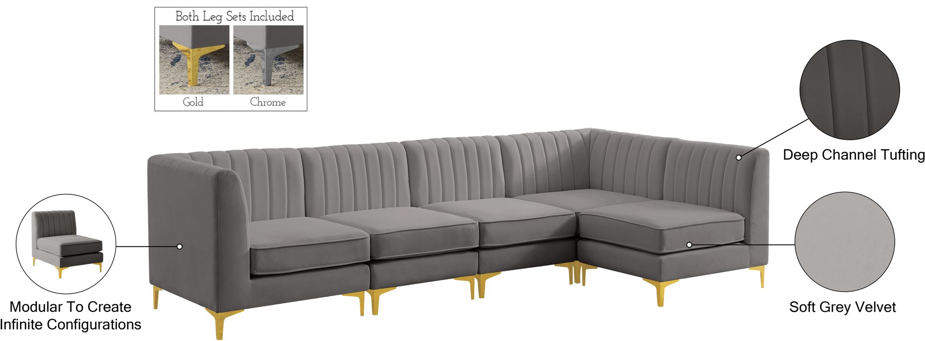 Meridian Furniture - Alina 116.5" Grey Velvet Upholstered 5pc. Sectional - 604Grey-Sec5B - GreatFurnitureDeal