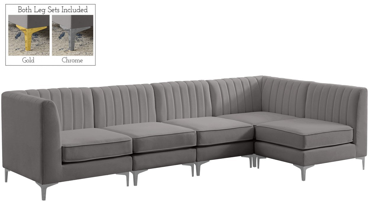 Meridian Furniture - Alina 116.5" Grey Velvet Upholstered 5pc. Sectional - 604Grey-Sec5B - GreatFurnitureDeal