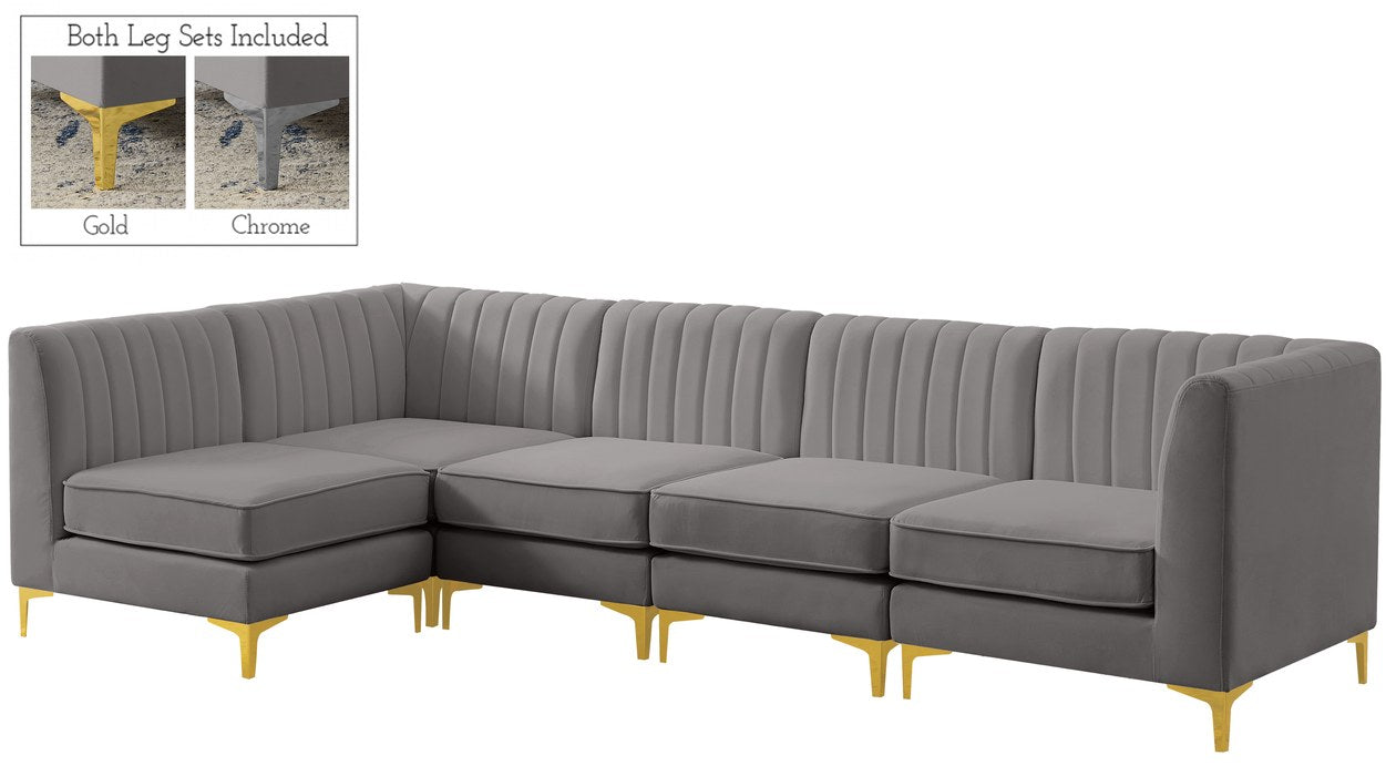 Meridian Furniture - Alina 116.5" Grey Velvet Upholstered 5pc. Sectional - 604Grey-Sec5B - GreatFurnitureDeal