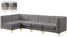 Meridian Furniture - Alina 116.5" Grey Velvet Upholstered 5pc. Sectional - 604Grey-Sec5B - GreatFurnitureDeal