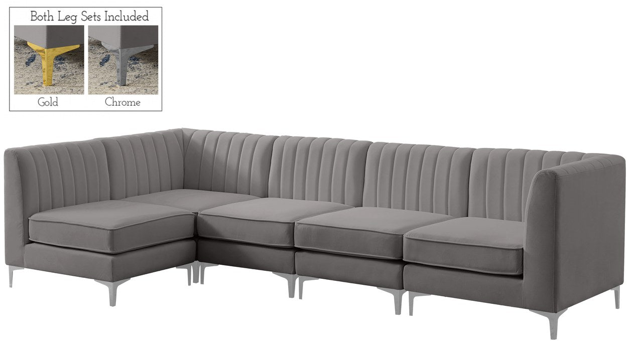 Meridian Furniture - Alina 116.5" Grey Velvet Upholstered 5pc. Sectional - 604Grey-Sec5B - GreatFurnitureDeal