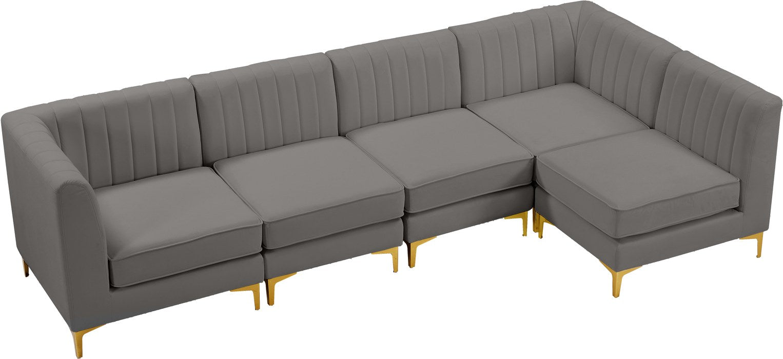Meridian Furniture - Alina 116.5" Grey Velvet Upholstered 5pc. Sectional - 604Grey-Sec5B - GreatFurnitureDeal