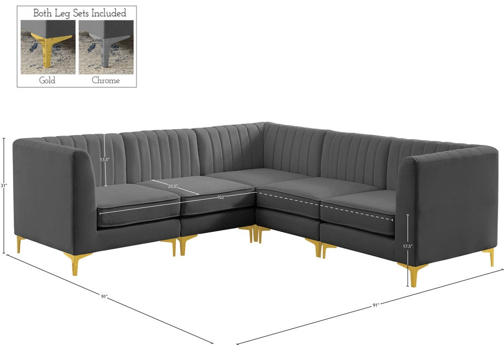 Meridian Furniture - Alina 91" Grey Velvet Upholstered 5pc. Sectional - 604Grey-Sec5C - GreatFurnitureDeal