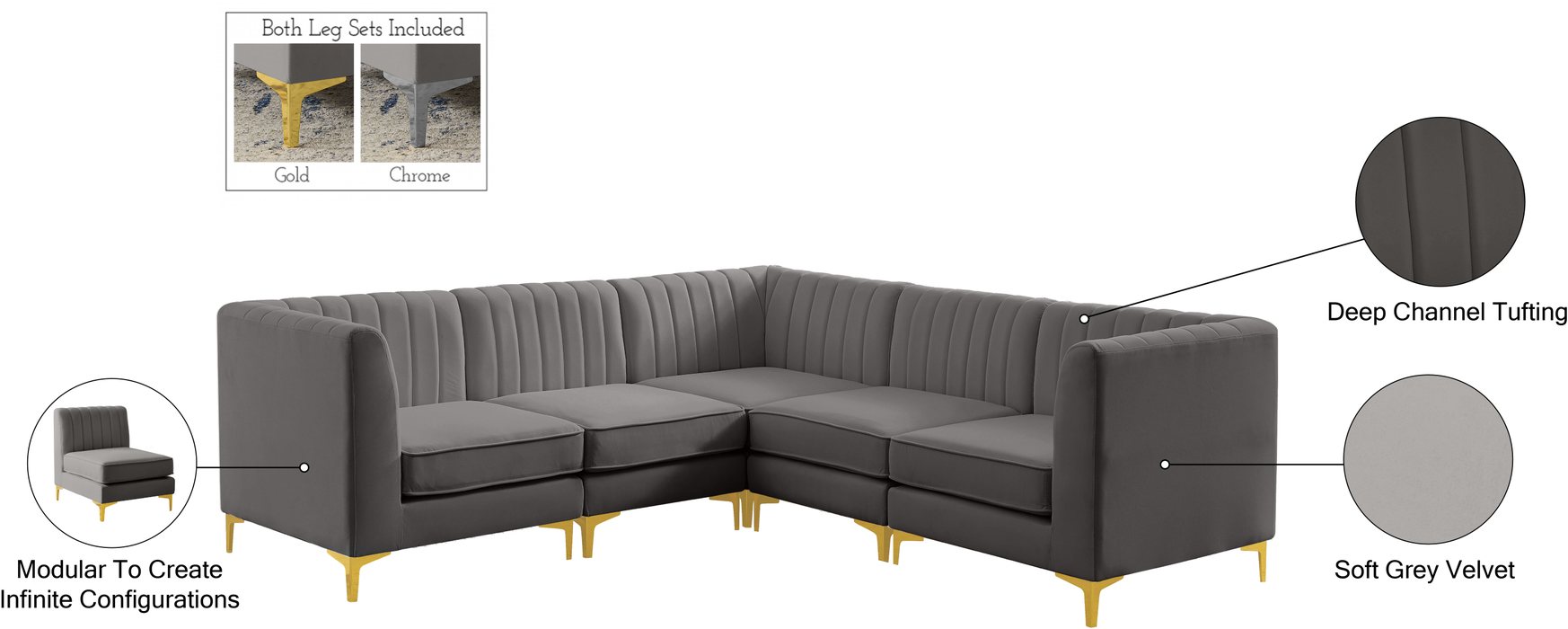 Meridian Furniture - Alina 91" Grey Velvet Upholstered 5pc. Sectional - 604Grey-Sec5C - GreatFurnitureDeal