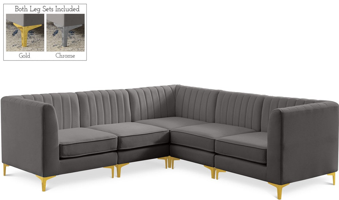 Meridian Furniture - Alina 91" Grey Velvet Upholstered 5pc. Sectional - 604Grey-Sec5C - GreatFurnitureDeal