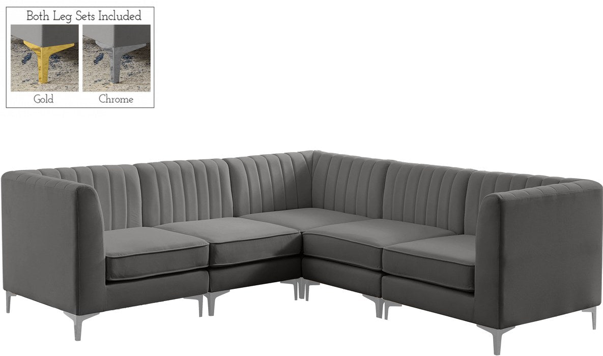 Meridian Furniture - Alina 91" Grey Velvet Upholstered 5pc. Sectional - 604Grey-Sec5C - GreatFurnitureDeal