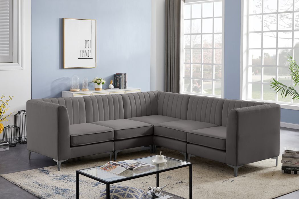 Meridian Furniture - Alina 91" Grey Velvet Upholstered 5pc. Sectional - 604Grey-Sec5C - GreatFurnitureDeal