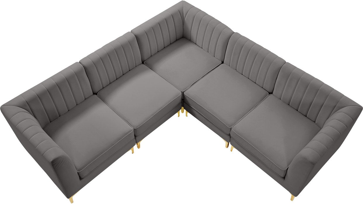 Meridian Furniture - Alina 91" Grey Velvet Upholstered 5pc. Sectional - 604Grey-Sec5C - GreatFurnitureDeal