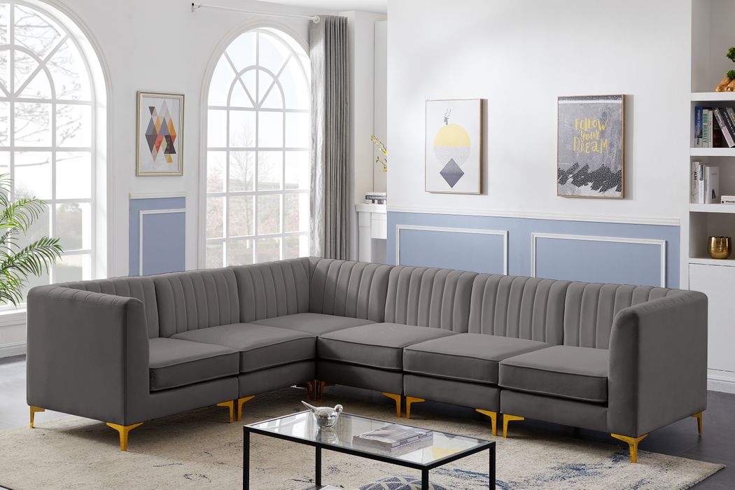 Meridian Furniture - Alina 116.5" Grey Velvet Upholstered 6pc. Sectional - 604Grey-Sec6A - GreatFurnitureDeal