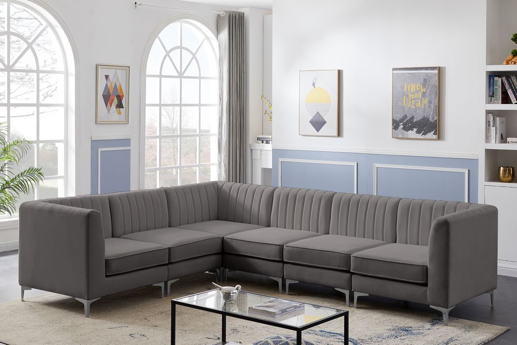 Meridian Furniture - Alina 116.5" Grey Velvet Upholstered 6pc. Sectional - 604Grey-Sec6A - GreatFurnitureDeal