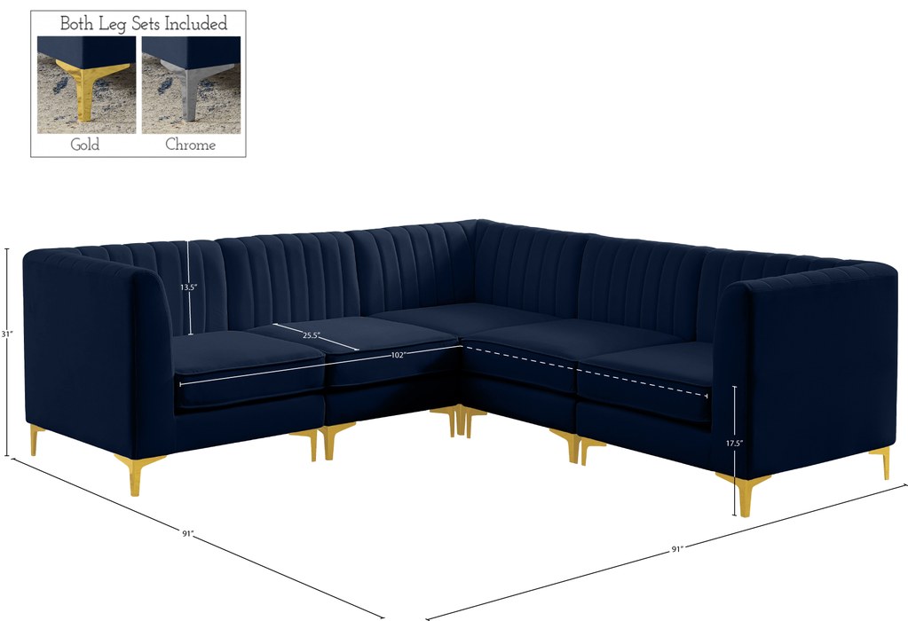 Meridian Furniture - Alina 91" Navy Velvet Upholstered 5pc. Sectional - 604Navy-Sec5C - GreatFurnitureDeal