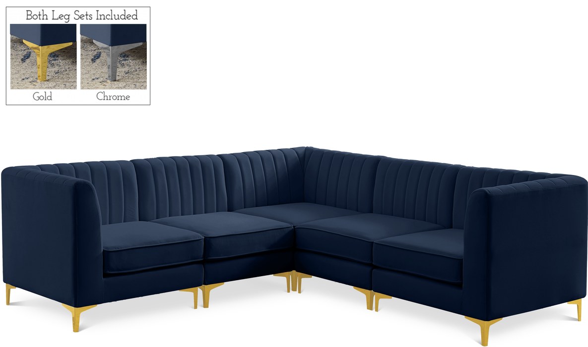 Meridian Furniture - Alina 91" Navy Velvet Upholstered 5pc. Sectional - 604Navy-Sec5C - GreatFurnitureDeal