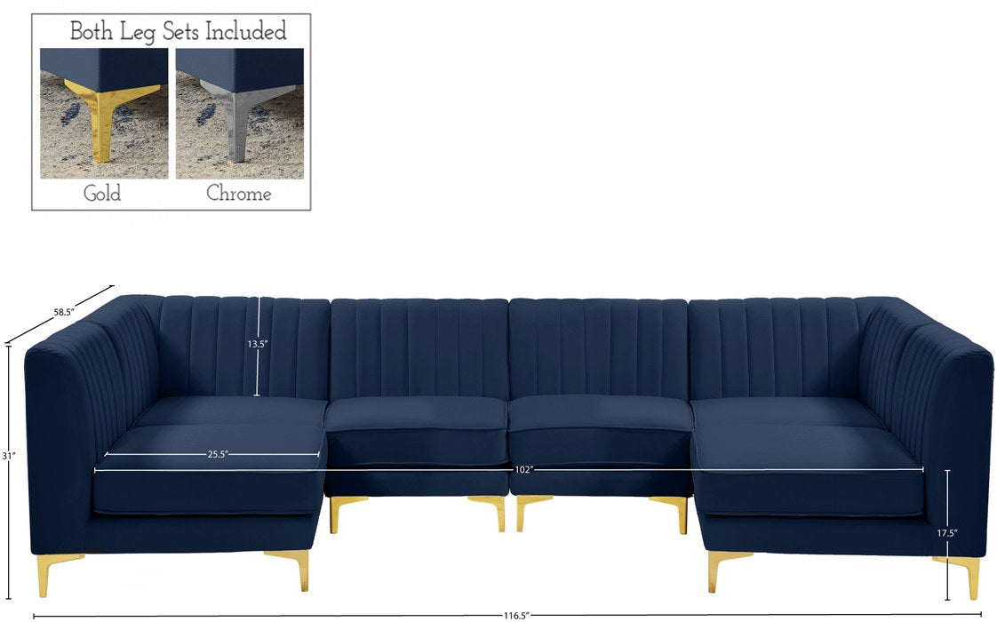 Meridian Furniture - Alina 116.5" Navy Velvet Upholstered 6pc. Sectional - 604Navy-Sec6B - GreatFurnitureDeal