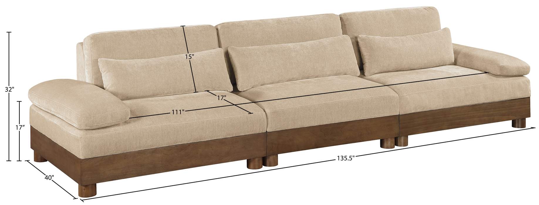 Meridian Furniture - Turin 135.5" Beige Chenille Fabric Upholstered 3pc. Sofa - 606Beige-S3A - GreatFurnitureDeal