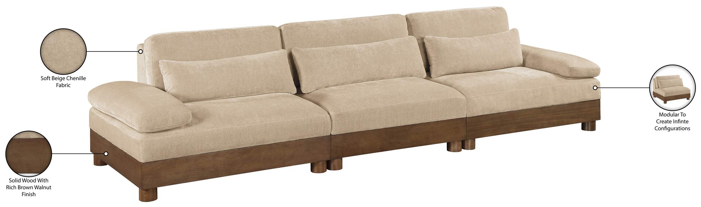 Meridian Furniture - Turin 135.5" Beige Chenille Fabric Upholstered 3pc. Sofa - 606Beige-S3A - GreatFurnitureDeal