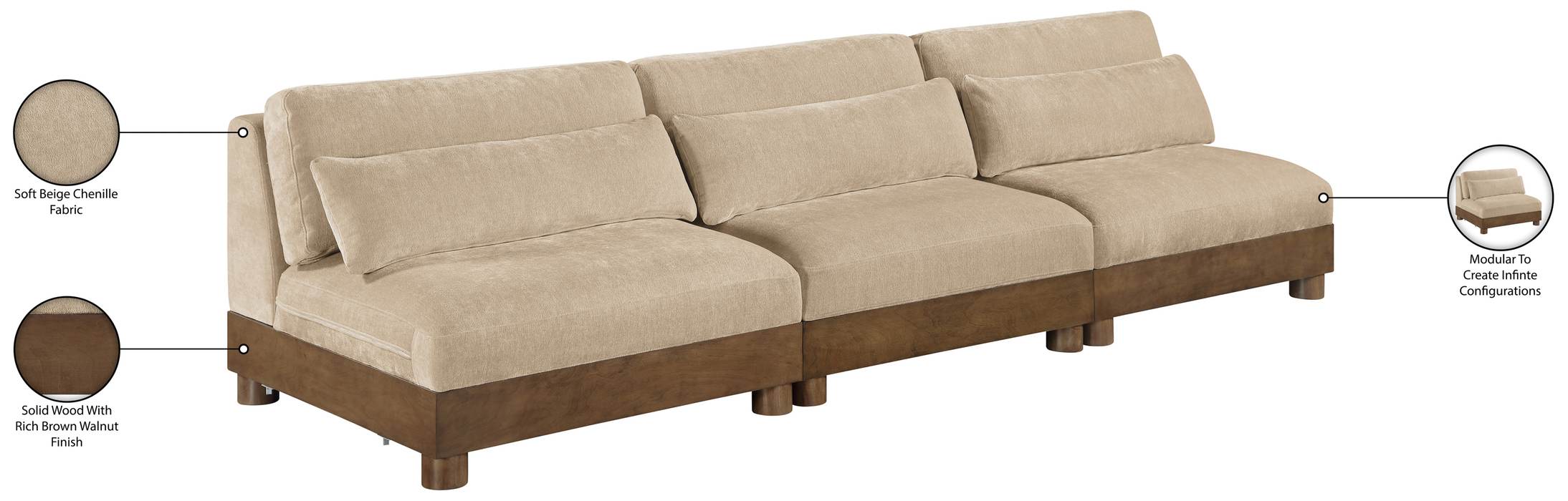 Meridian Furniture - Turin 120" Beige Chenille Fabric Upholstered 3pc. Sofa - 606Beige-S3B - GreatFurnitureDeal