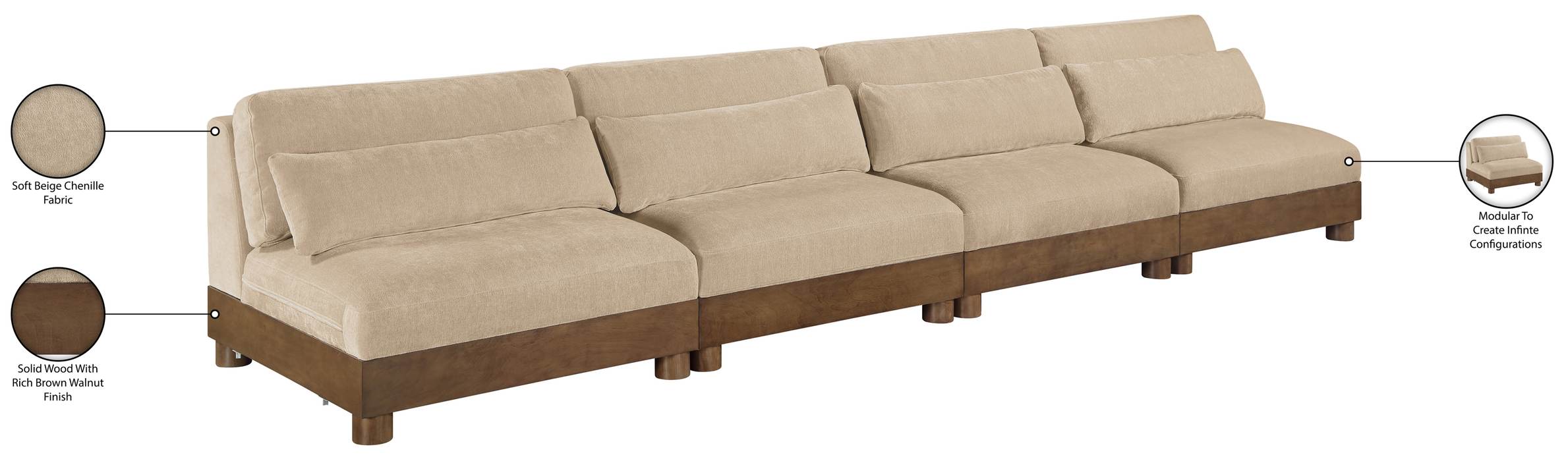 Meridian Furniture - Turin 160" Beige Chenille Fabric Upholstered 4pc. Sofa - 606Beige-S4B - GreatFurnitureDeal