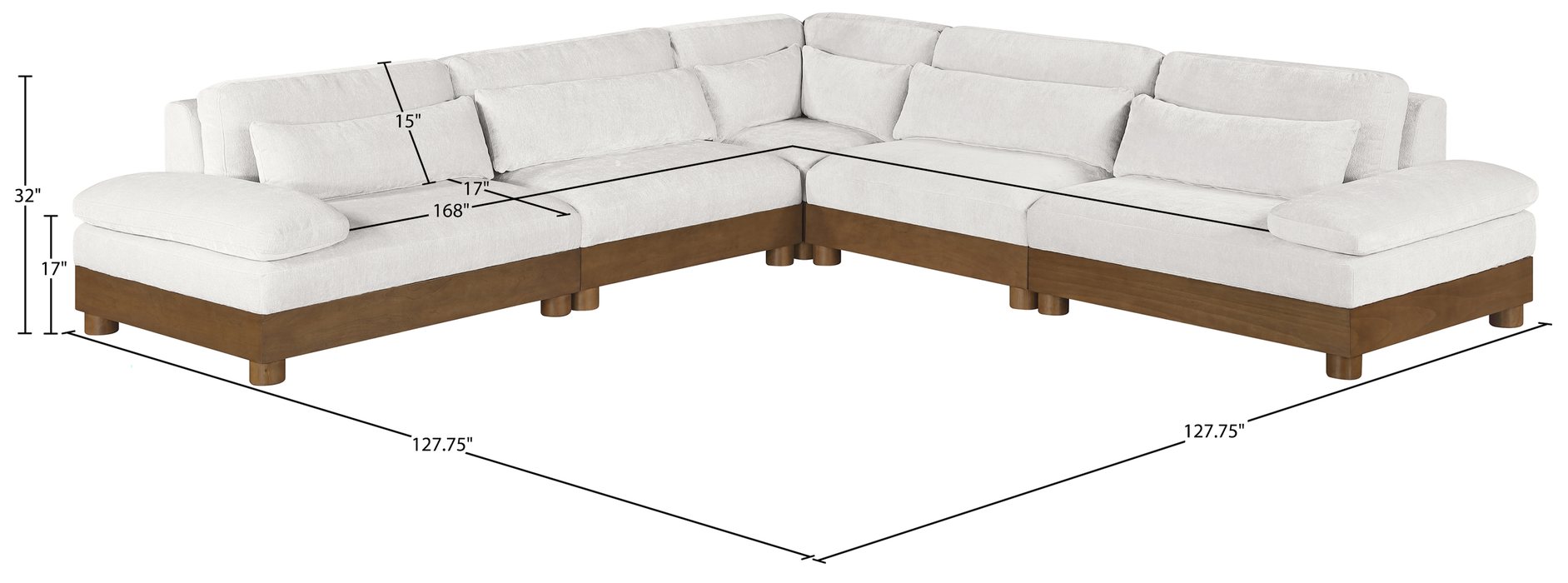 Meridian Furniture - Turin 127.75" Cream Chenille Fabric Upholstered 5pc. Sectional - 606Cream-Sec5B - GreatFurnitureDeal