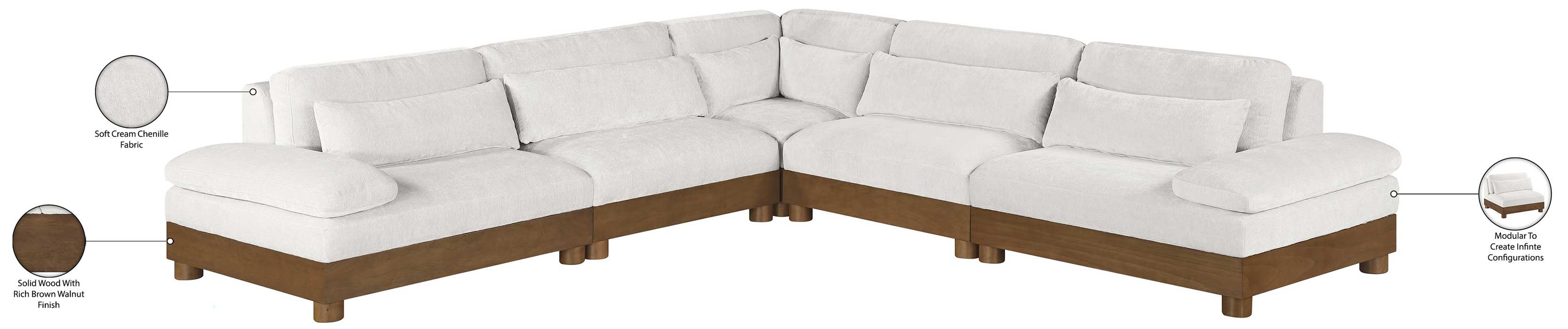Meridian Furniture - Turin 127.75" Cream Chenille Fabric Upholstered 5pc. Sectional - 606Cream-Sec5B - GreatFurnitureDeal