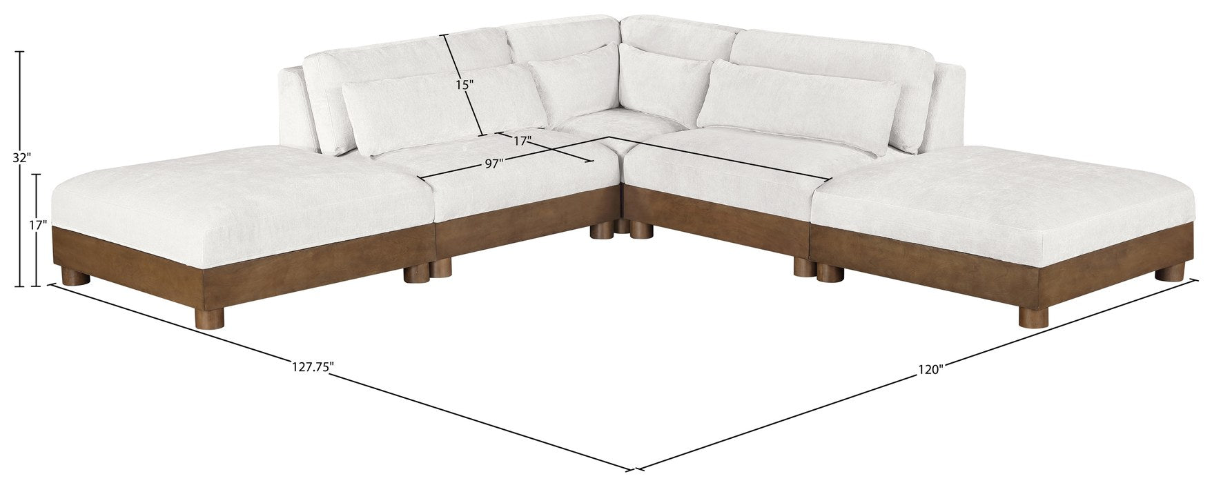Meridian Furniture - Turin 120" Cream Chenille Fabric Upholstered 5pc. Sectional - 606Cream-Sec5C - GreatFurnitureDeal
