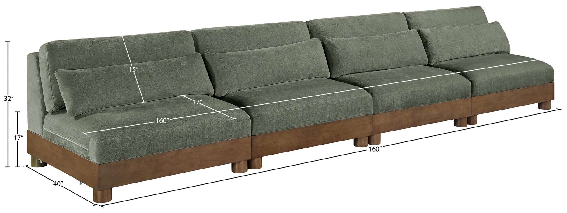 Meridian Furniture - Turin 160" Green Chenille Fabric Upholstered 4pc. Sofa - 606Green-S4B - GreatFurnitureDeal