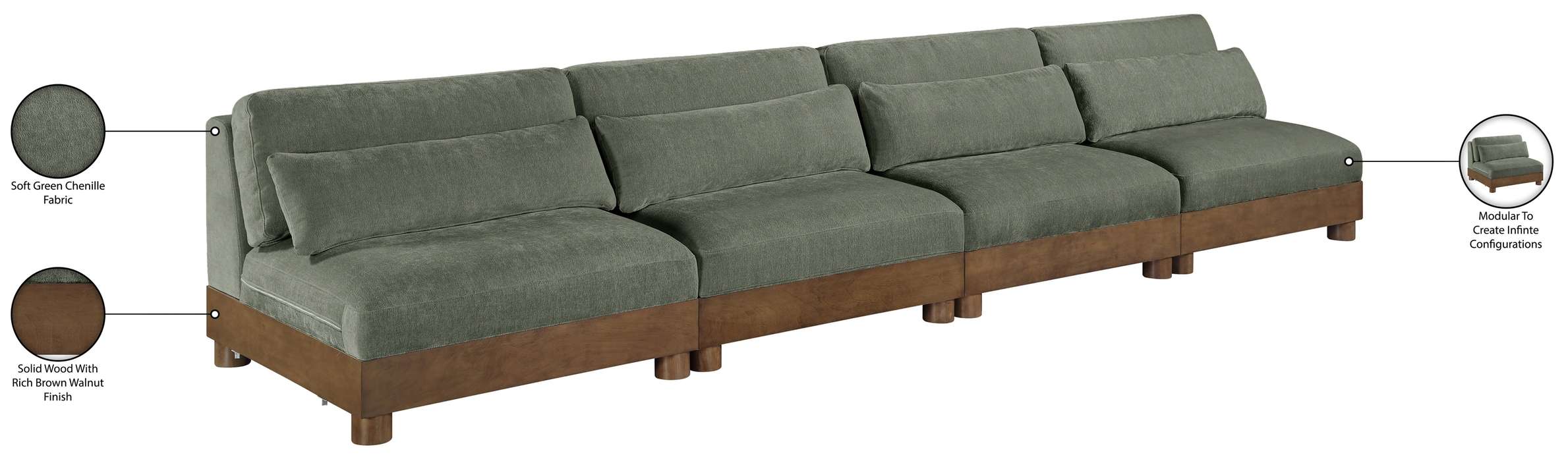Meridian Furniture - Turin 160" Green Chenille Fabric Upholstered 4pc. Sofa - 606Green-S4B - GreatFurnitureDeal